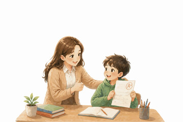Naklejka premium Warm Teacher and Student Interaction in Modern Classroom – Minimalist Watercolor 3D Education Concept”