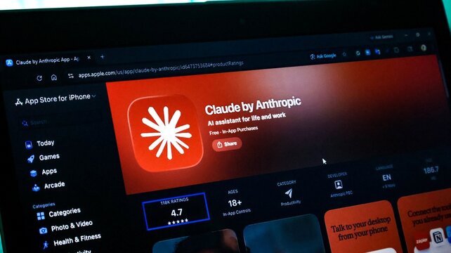 Claude by anthropic ai assistant app page displayed on a laptop screen in the apple app store, showing ratings and productivity category
