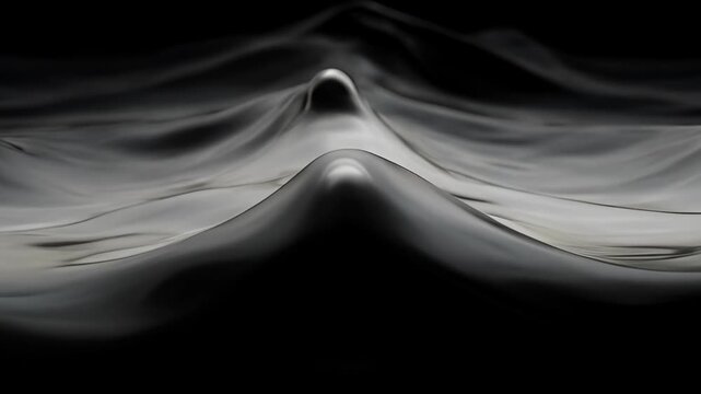 Abstract animation full frame wave with deep saturation, black gray surface, smooth flowing motion, ripple fluid texture, monochrome soft white wave on black background