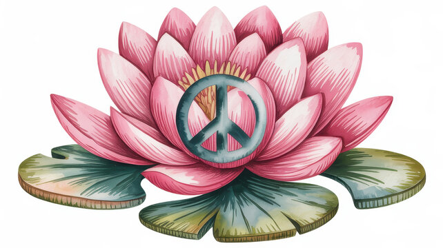 Pink lotus flower with a peace symbol in the center on a white background isolated