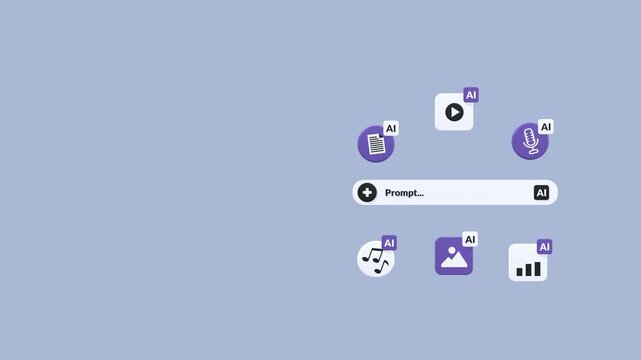 Animated AI concept showcasing generative capabilities including video, images, audio, music, and data creation, with copy space for text. Suitable for technology, innovation, digital presentations.
