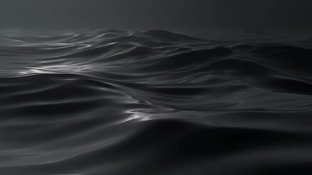 Abstract animation full frame wave saturation dark black fluid surface texture with smooth gray water surface, soft light, flowing ripple texture for calm modern background