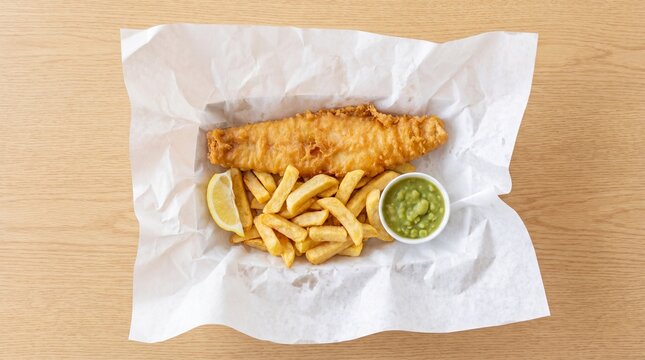 Delicious golden battered fish fillet served with crispy fried potatoes and a side of mushy peas