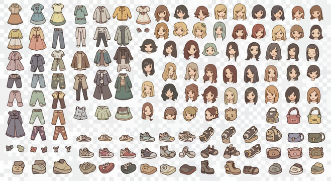 Chibi anime character creator kit, cute paper doll avatar elements with hairstyles and clothes, kawaii fashion vector set for game design