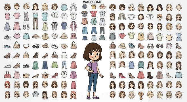 Chibi girl character creator kit, cute female avatar wardrobe set with clothes and hairstyles, casual fashion outfit collection vector