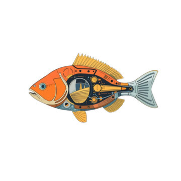 Mechanical Fish: A detailed depiction of a mechanical fish, showcasing the intricate fusion of nature and technology, with a vibrant orange body and exposed internal components