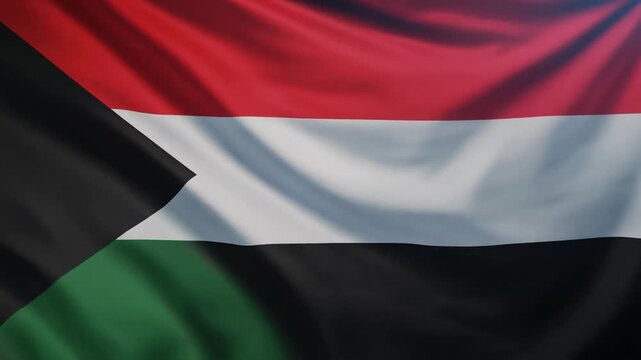 Sudan national flag with red, white, black horizontal stripes and green triangle at hoist, symbolizing heritage, identity, and resilience.