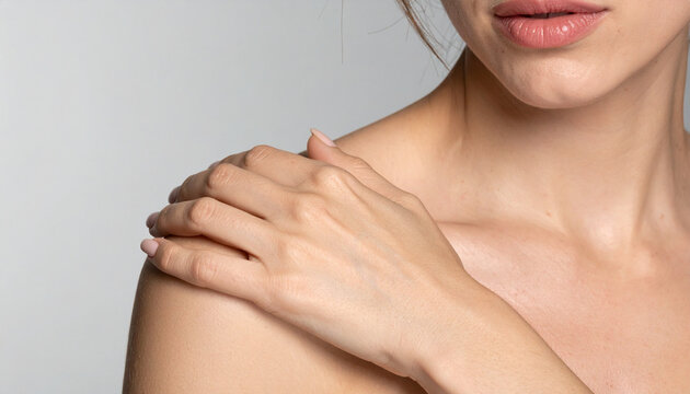 Womans hand touching shoulder