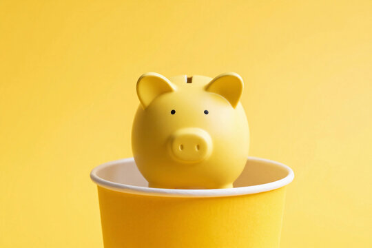 Yellow piggy bank inside a yellow paper cup on yellow background. Financial savings concept.