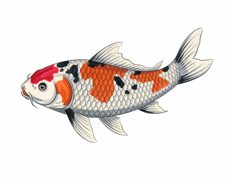 Colorful koi fish swimming with orange, black, and white scales on white background