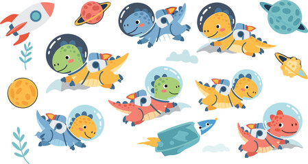 Cute Cartoon Baby Dinosaur Astronaut Flying in Outer Space with Rockets and Planets Vector Illustration Set © MdAnowar