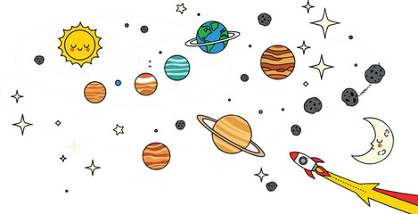 Cute Cartoon Solar System with Sun Moon Planets Rocket Stars and Asteroids on White Background Vector Illustration © MdAnowar