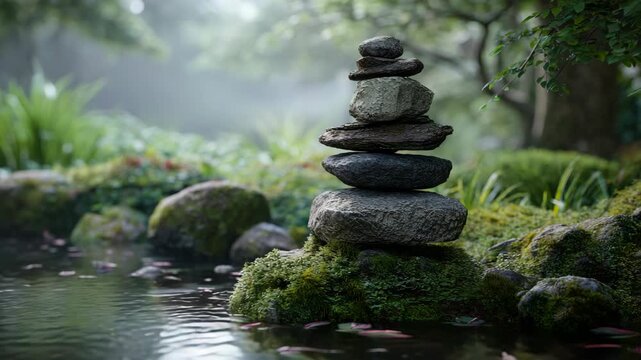 Zen garden stones in misty forest landscape