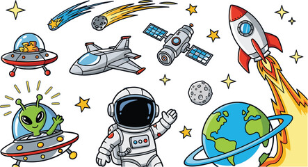 Cute Cartoon Space Exploration Set with Astronaut Alien Rocket UFO Planet and Satellite Vector Illustration © MdAnowar