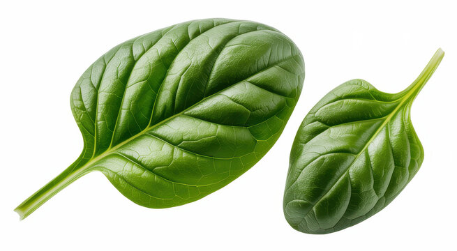 Two fresh green spinach leaves isolated on a white background, for healthy cooking, and nutrition