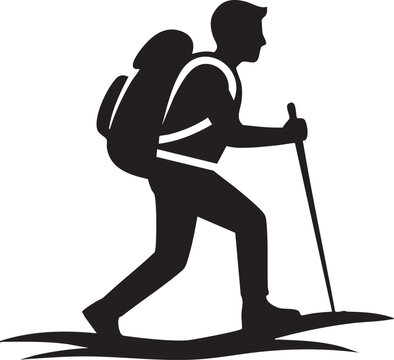 Hiking man silhouette, trekking backpacker icon, outdoor adventure symbol, black vector graphic