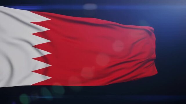 Bahrain national flag with bold red field, white serrated band of five triangles, waving dynamically, symbolizing heritage, Islam&rsquo;s five pillars, resilience, and national identity.