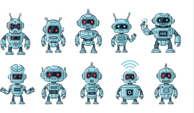 Cute Cartoon Blue Robot Character Collection with Various Poses and Expressions Isolated on White Vector Illustration