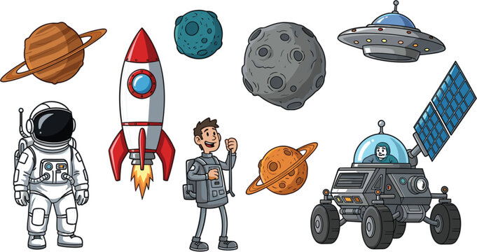 Pixel Art Space Exploration Set with Astronaut Scientist Rocket UFO Planet and Mars Rover Vector Illustration