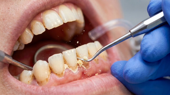 Dentist removing plaque from teeth using dental scaler tool