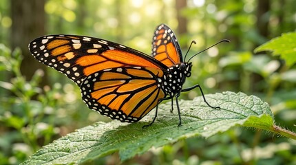 Fototapeta premium Vibrant Monarch butterfly resting on a green leaf in a sunny setting.