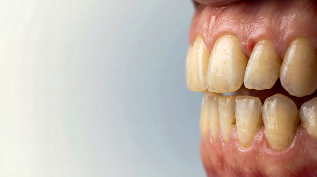Side view of stained teeth with plaque and gum inflammation close up