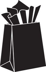 Fototapeta premium Black paper bag, takeout container, food packaging, vector icon
