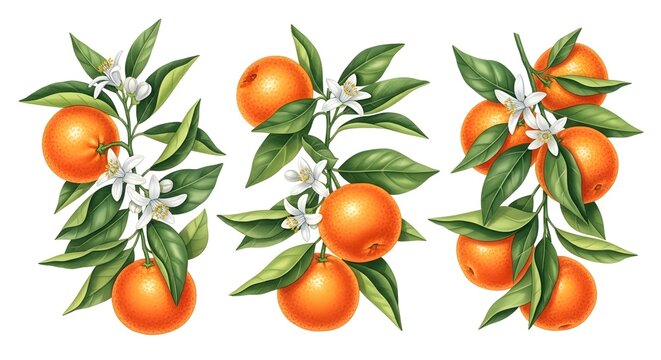 Vibrant watercolor illustration of fresh orange tree branches with ripe fruit and delicate blossoms.