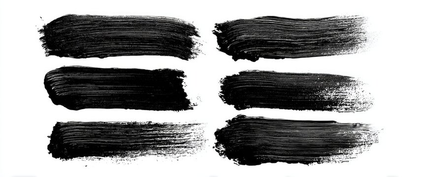 Six black brushstrokes on white background. Paint texture, art element design