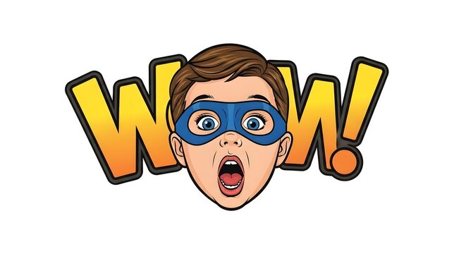 Surprised Boy Wearing Superhero Mask Exclaiming Wow.