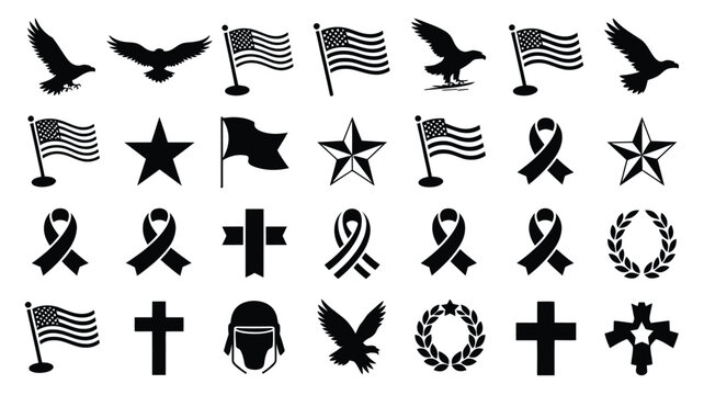 Collection of patriotic american symbols including waving flags soaring eagles stars memorial ribbons crosses and laurel wreaths rendered in clean black vector silhouette graphics