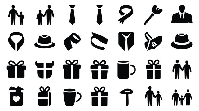 Collection of minimalist black silhouette icons representing father son relationships formal wear accessories like ties and collars hats gift boxes mugs and a dreidel set