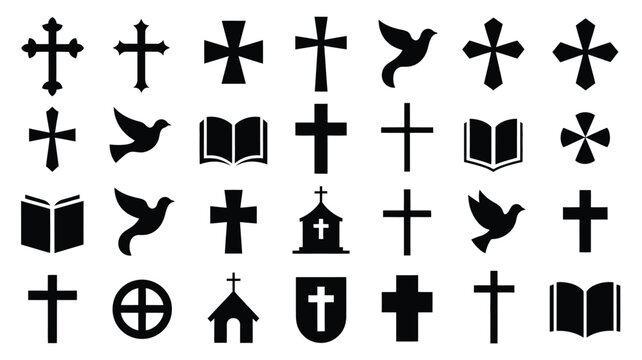 Collection of christian religious symbols including various cross designs open bibles church buildings and doves representing faith spirituality and hope in a clean graphic vector