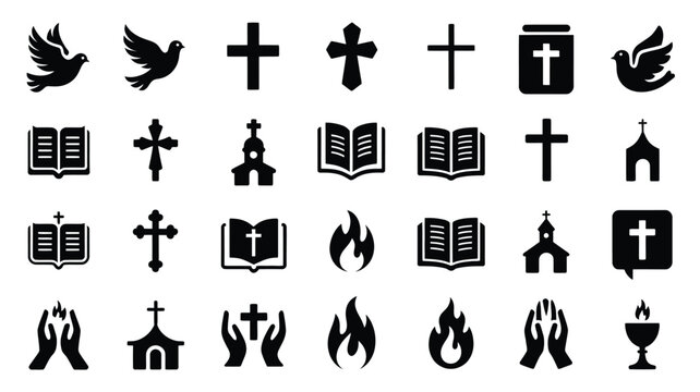 Collection of christian faith symbols and icons including doves crosses open bibles churches flames praying hands and chalices for religious and spiritual concepts
