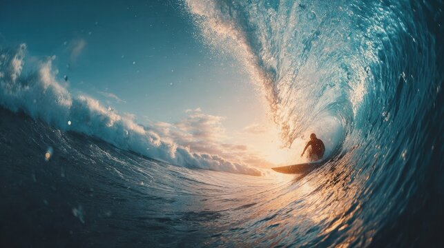 Surfer riding ocean wave breaking sunlight dynamic composition