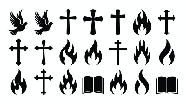 Collection of christian religious symbols and sacred icons featuring flaming fire open bibles and flying doves representing faith spirituality and divine light in a clean vector