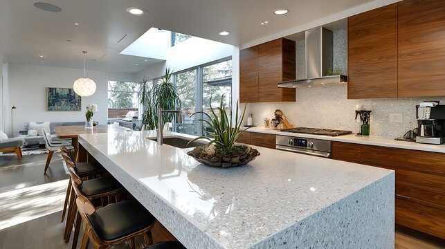 Modern luxury kitchen interior with large quartz island and wooden cabinetry.