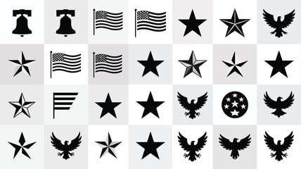 Collection of minimalist patriotic icons and symbols including american flags stars eagles and liberty bells arranged in a grid pattern on a clean light background for design © Shovon