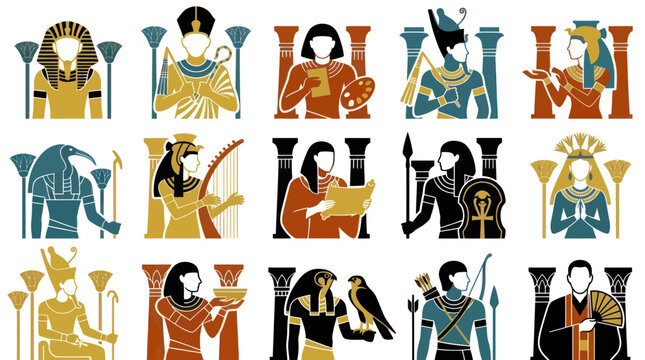 Ancient Egyptian Culture Flat Color Icon Set with Gods, Pharaohs, and Historical Figures