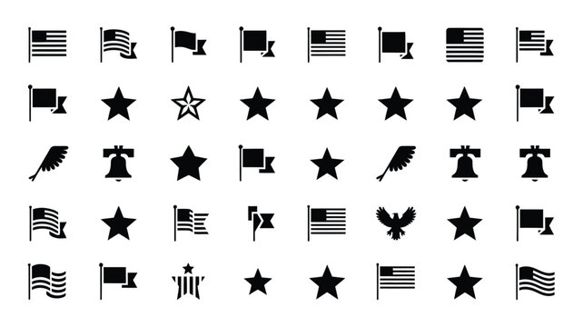 Collection of american patriotic symbols and icons including various styles of us flags stars eagles and liberty bells presented in a clean vector graphic illustration on a white