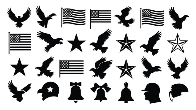 Patriotic american symbols collection diverse silhouettes of eagles stars flags helmets and bells representing freedom strength and national pride for graphic design