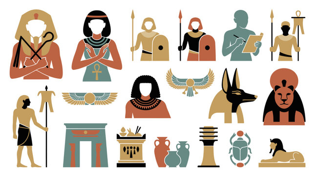 Egyptian Icons: Pharaoh, Gods, Symbols, Hieroglyphs, Vector Art
