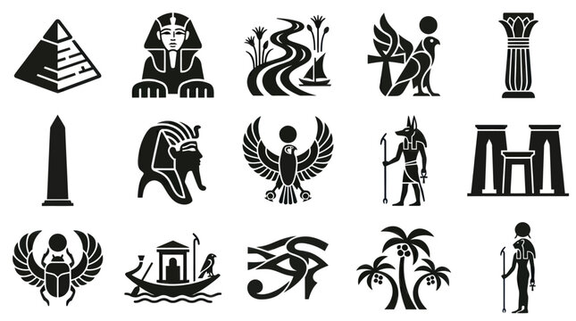 Egyptian Icons Set: Pyramids, Sphinx, Hieroglyphs, Mythology, Ancient Art Glyph