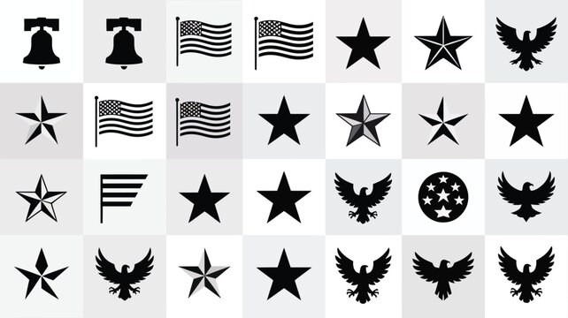 Collection of minimalist patriotic icons and symbols including american flags stars eagles and liberty bells arranged in a grid pattern on a clean light background for design