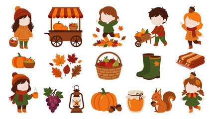 Obraz premium Autumn Fall Flat Vector Illustration Set with Children, Harvest, and Seasonal Elements