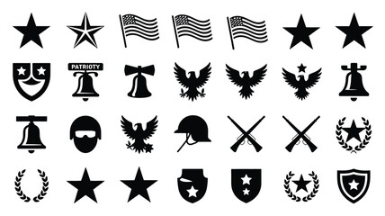 Collection of patriotic american symbols and icons featuring stars flags shields eagles bells helmets rifles and laurel wreaths for national holidays and military themes © Shovon