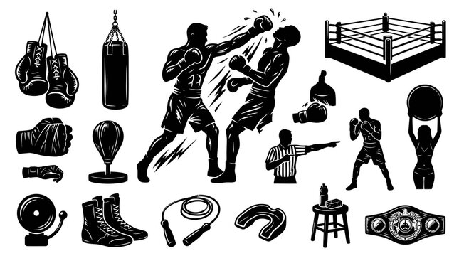 Boxing Equipment and Silhouettes Black and White Vector Icons
