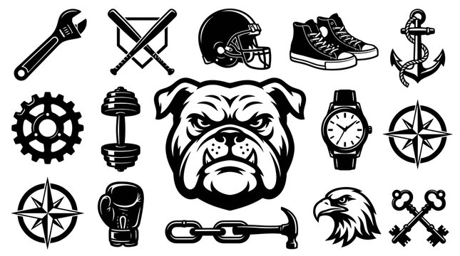 Black and White Vector Icons of Manly Objects - Sports, Tools, Animals, Nautical