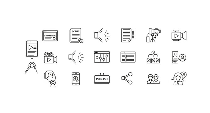Video and audio production workflow outline icon set with editing publishing and social media sharing thin line vector