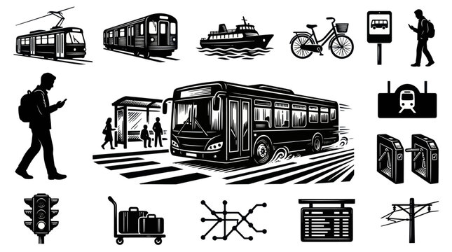 Public Transportation Icons: Bus, Train, Bike, Ship, and More